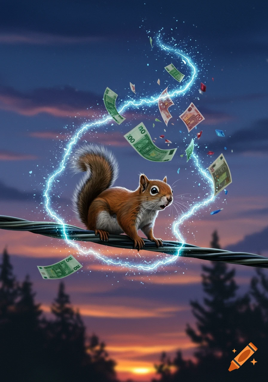 A brown squirrel sits on an electrical wire with blue lightning and green and red money bills floating around it at sunset.