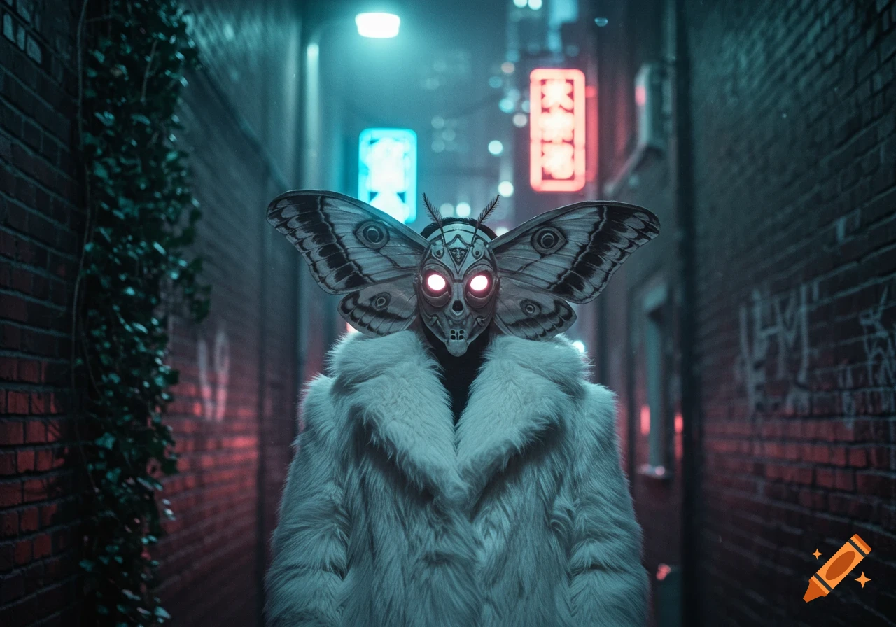 A person in a white fur coat and moth mask with glowing red eyes stands in a neon-lit urban alley.