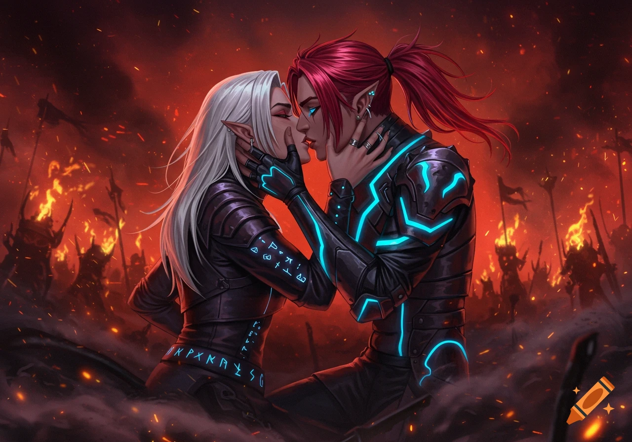 Two armored fantasy figures with long white and red hair kissing passionately amidst a fiery battlefield.