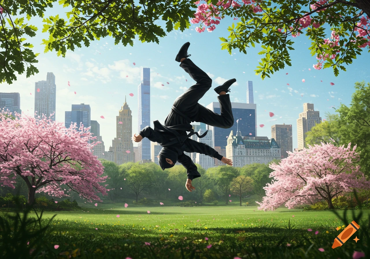 Photorealistic image of a ninja in black doing a somersault in Central Park with cherry blossoms and a city skyline.