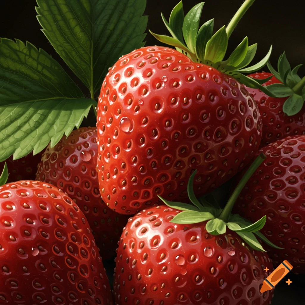 Close-up of vibrant red strawberries with green leaves and water droplets against a dark background, photorealistic style.