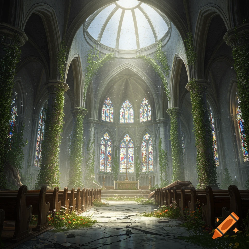 Ancient, ruined high-fantasy cathedral interior with sunlight, stained glass windows, and overgrown vines on pillars and pews.