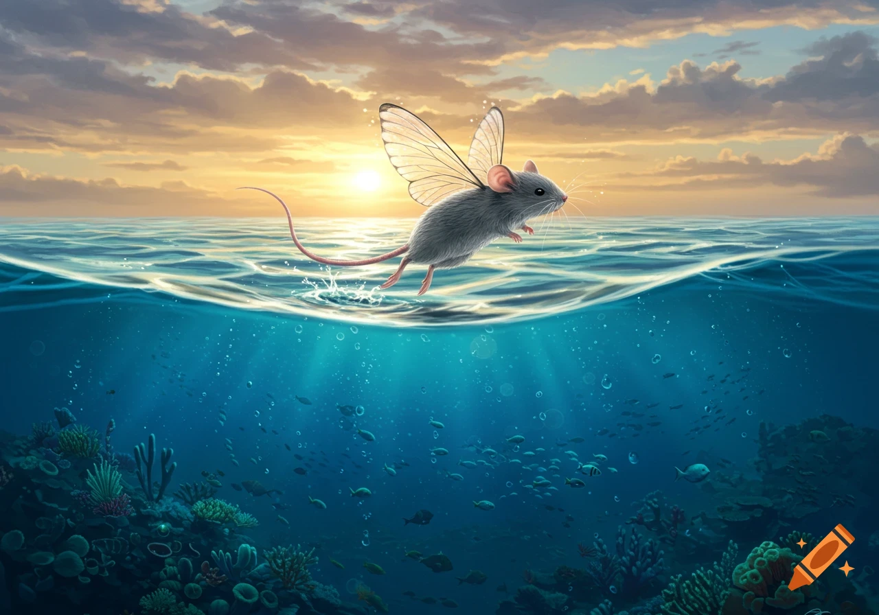 A grey mouse with translucent butterfly wings flies just above the ocean surface at sunset. Below, a vibrant coral reef with fish is visible underwater.