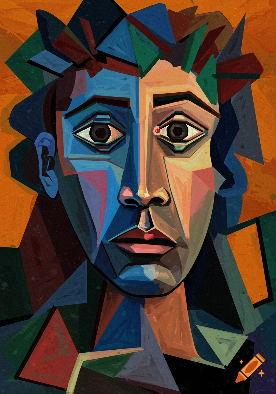 A colorful cubist painting of a person's face composed of geometric shapes and bold, contrasting colors.