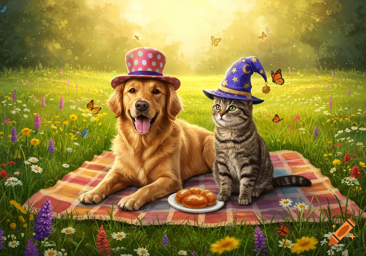 A golden retriever in a polka dot hat and a tabby cat in a wizard hat sit on a picnic blanket in a sunny wildflower meadow.