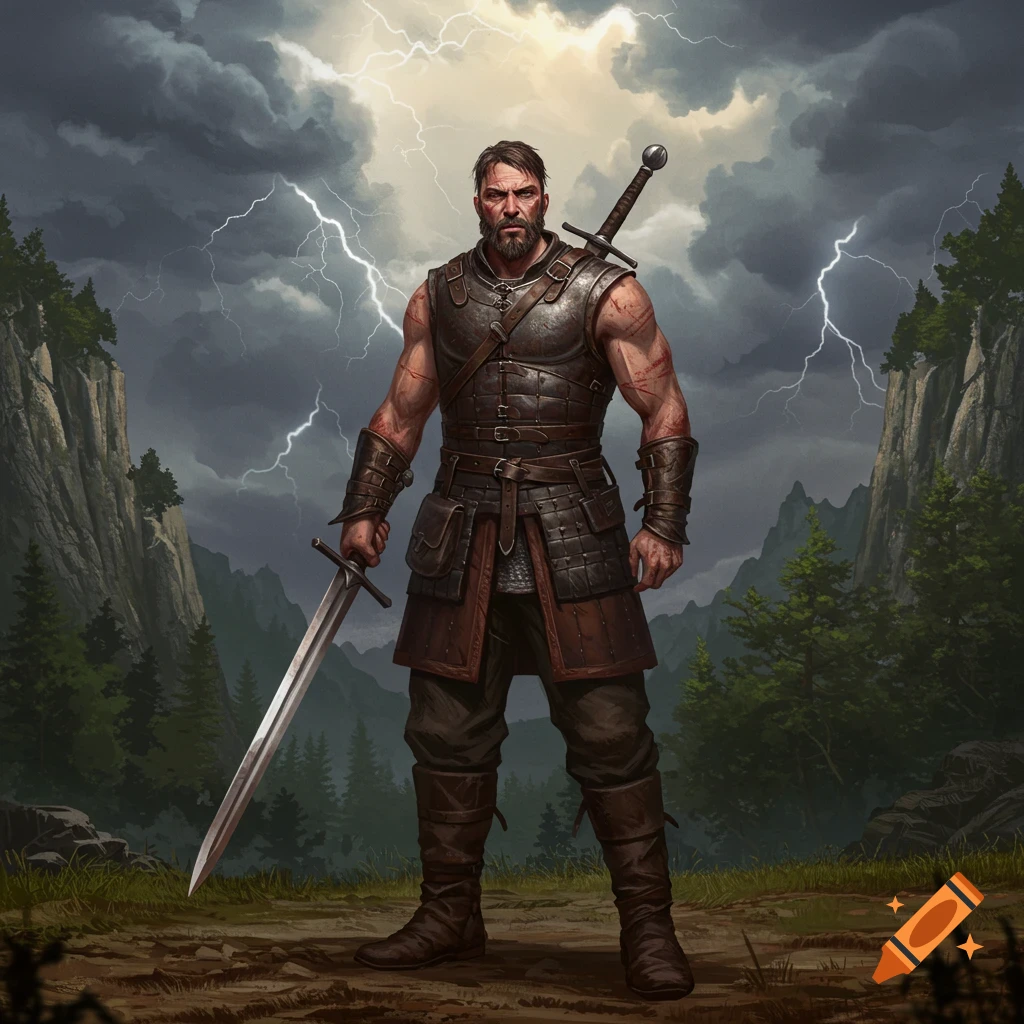 Bearded warrior in medieval armor, holding a sword, stands in a rugged landscape under a stormy, lightning-filled sky.