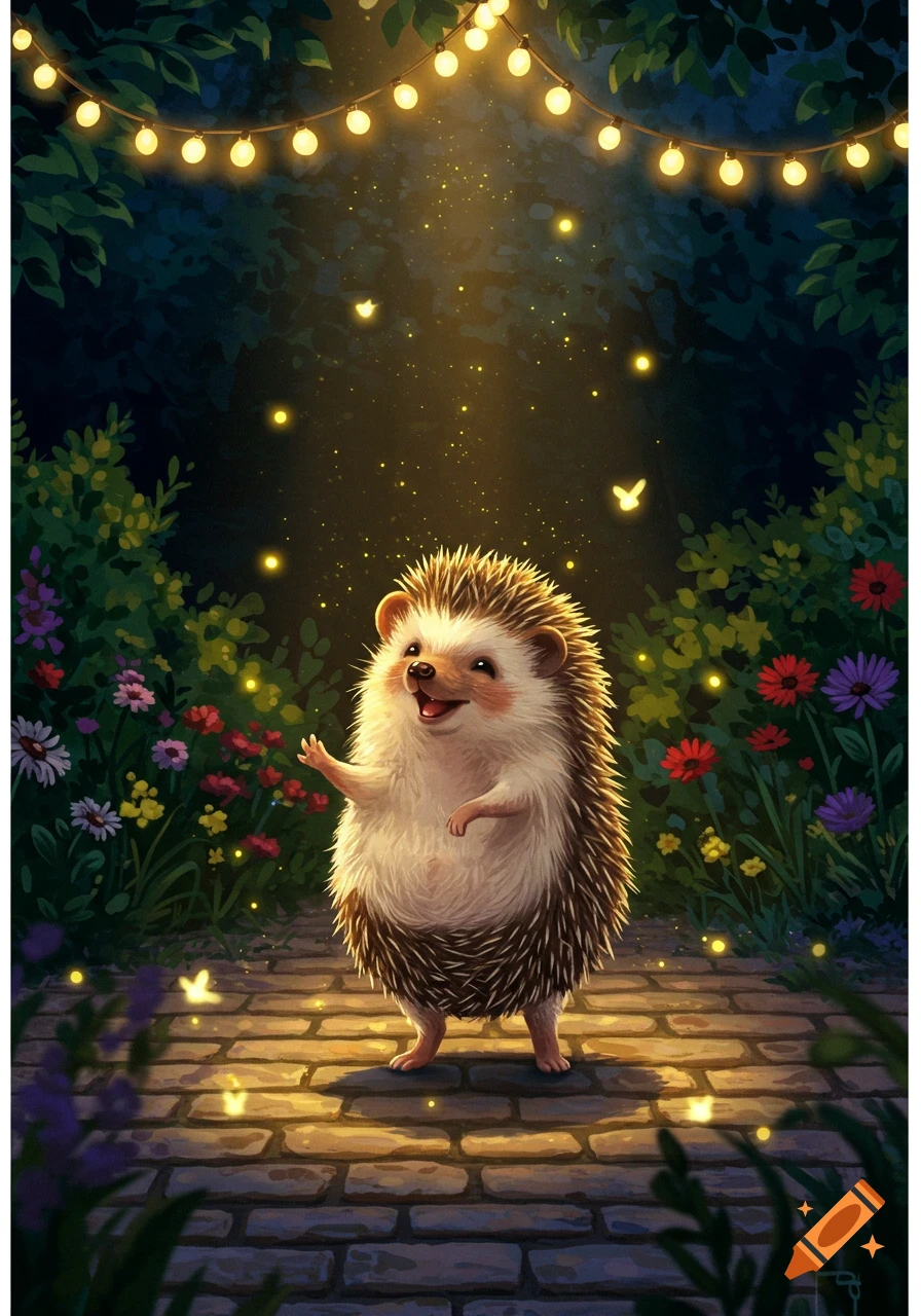 A cheerful hedgehog stands on a brick path in a lush garden at night, illuminated by glowing string lights and fireflies.