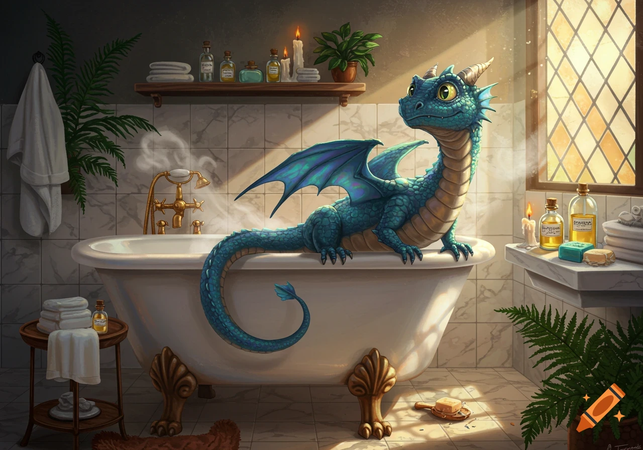 A cute, blue-green dragon sits on the edge of a clawfoot bathtub in a sunlit bathroom filled with bath products and plants.