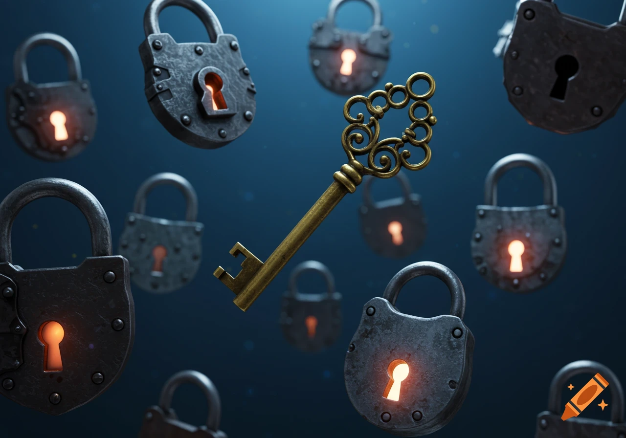 A detailed golden antique key floats among dark metallic padlocks with glowing keyholes against a dark blue background.