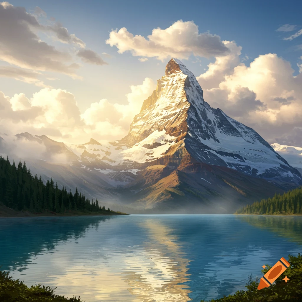 A majestic snow-capped mountain towers over a calm, crystal blue lake under a bright sky with fluffy white clouds.
