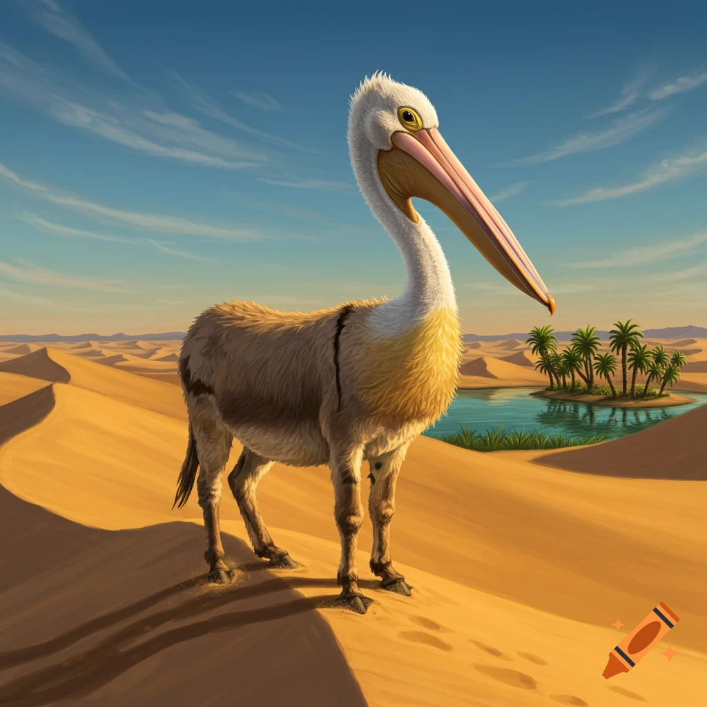 A pelican with the body of a donkey stands on a sandy dune. In the background, an oasis with palm trees and water.