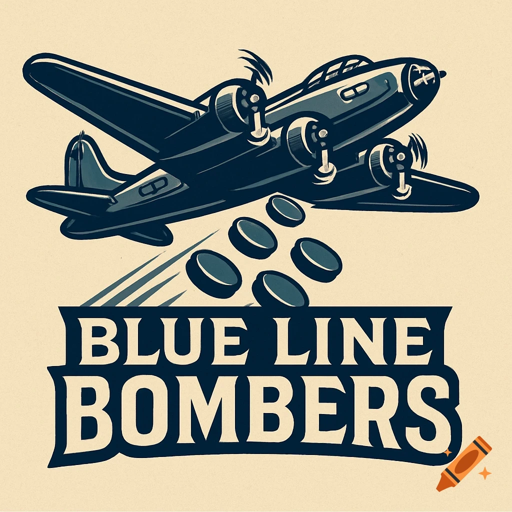 Retro-style logo of a dark blue bomber plane dropping hockey pucks above 'BLUE LINE BOMBERS' text.
