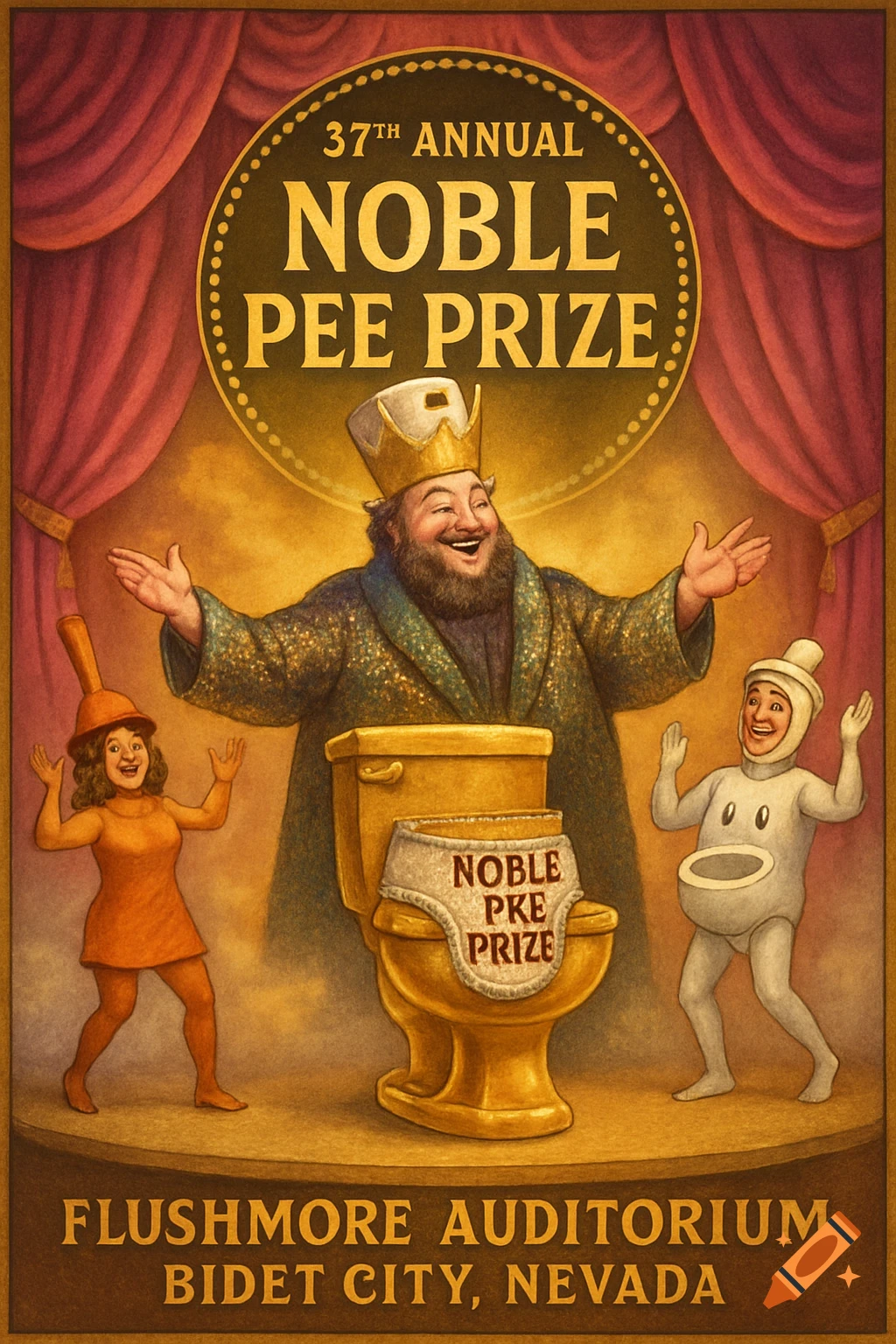 A whimsical vintage-style poster for the "37th Annual Noble Pee Prize." A king stands between a plunger-hatted woman and a man in a toilet costume, all surrounding a golden toilet trophy.