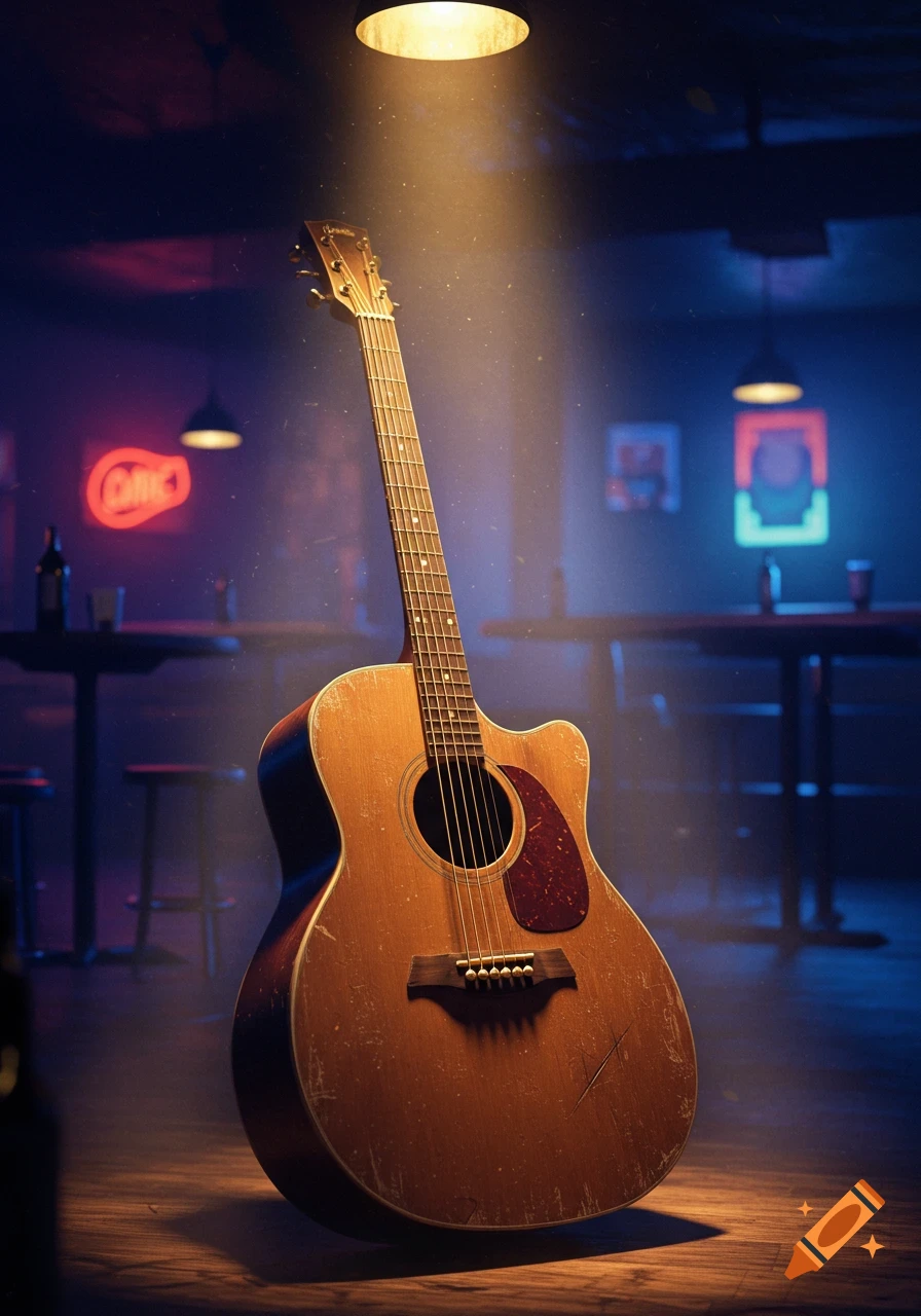 A worn acoustic guitar stands under a spotlight on a wooden floor in a dimly lit bar, with blurred neon signs and tables in the background.
