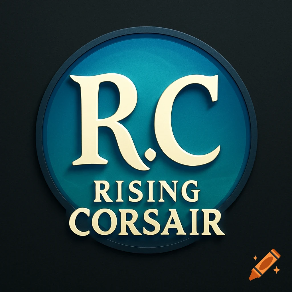 Modern, heroic logo for 'Rising Corsair' with 'R.C.' on a bright blue gradient circle.