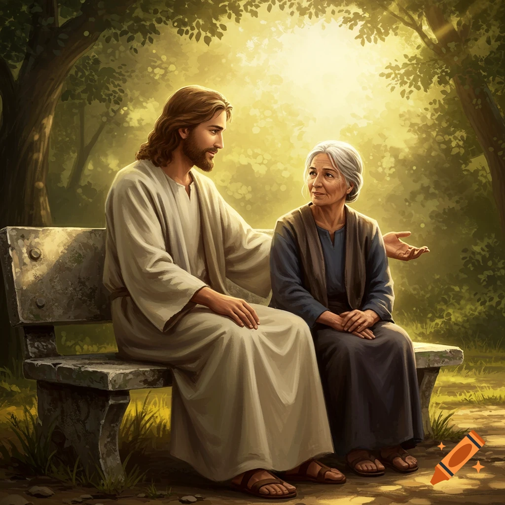 Jesus sits on a stone bench in a sun-dappled forest, listening to an elderly woman with gray hair next to him, in an illustrative style.