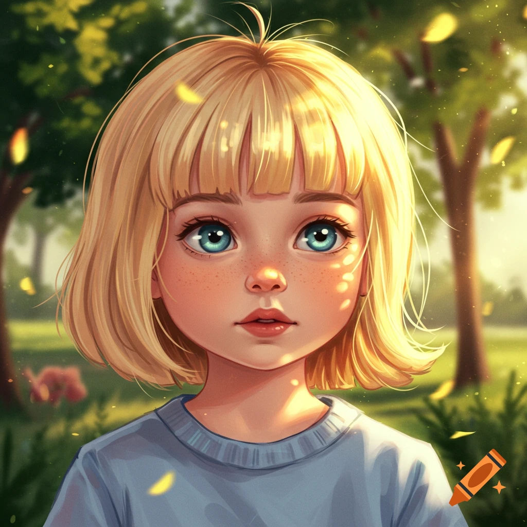 A stylized digital illustration of a young blonde girl with blue eyes and freckles, standing in a sunny park.