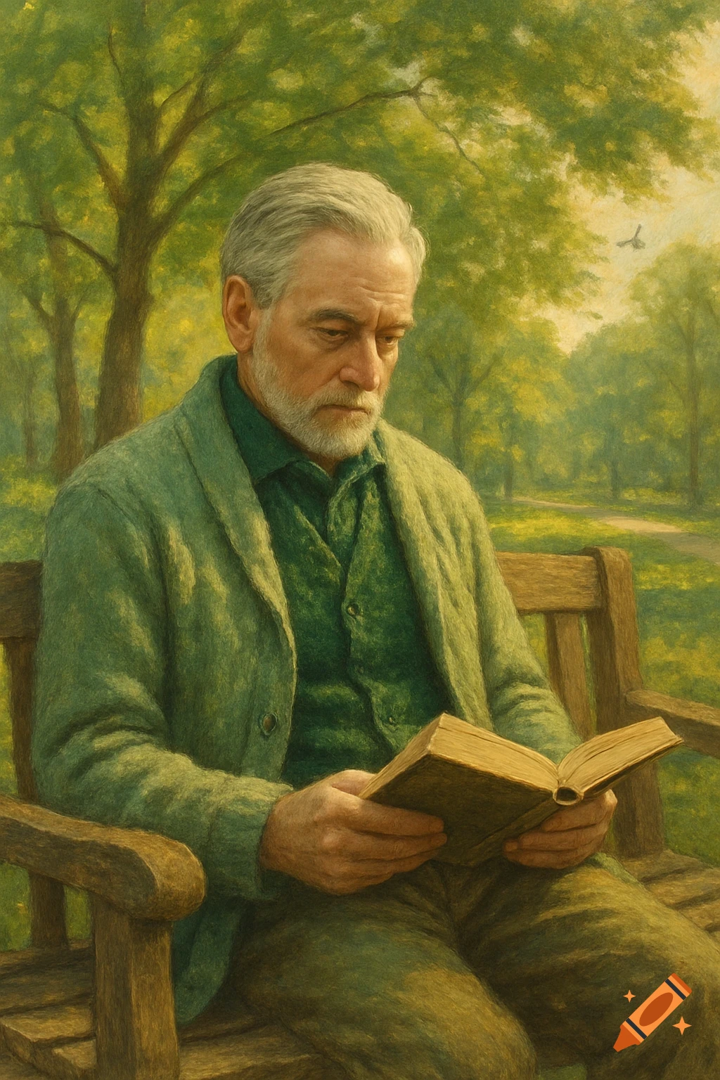 Older man with grey beard reading a book on a wooden bench in a green park, painted art style.