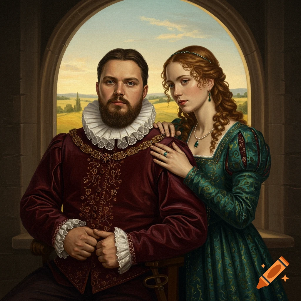 Renaissance portrait painting of a man and a woman in elaborate period attire, framed by an archway looking out onto a landscape.