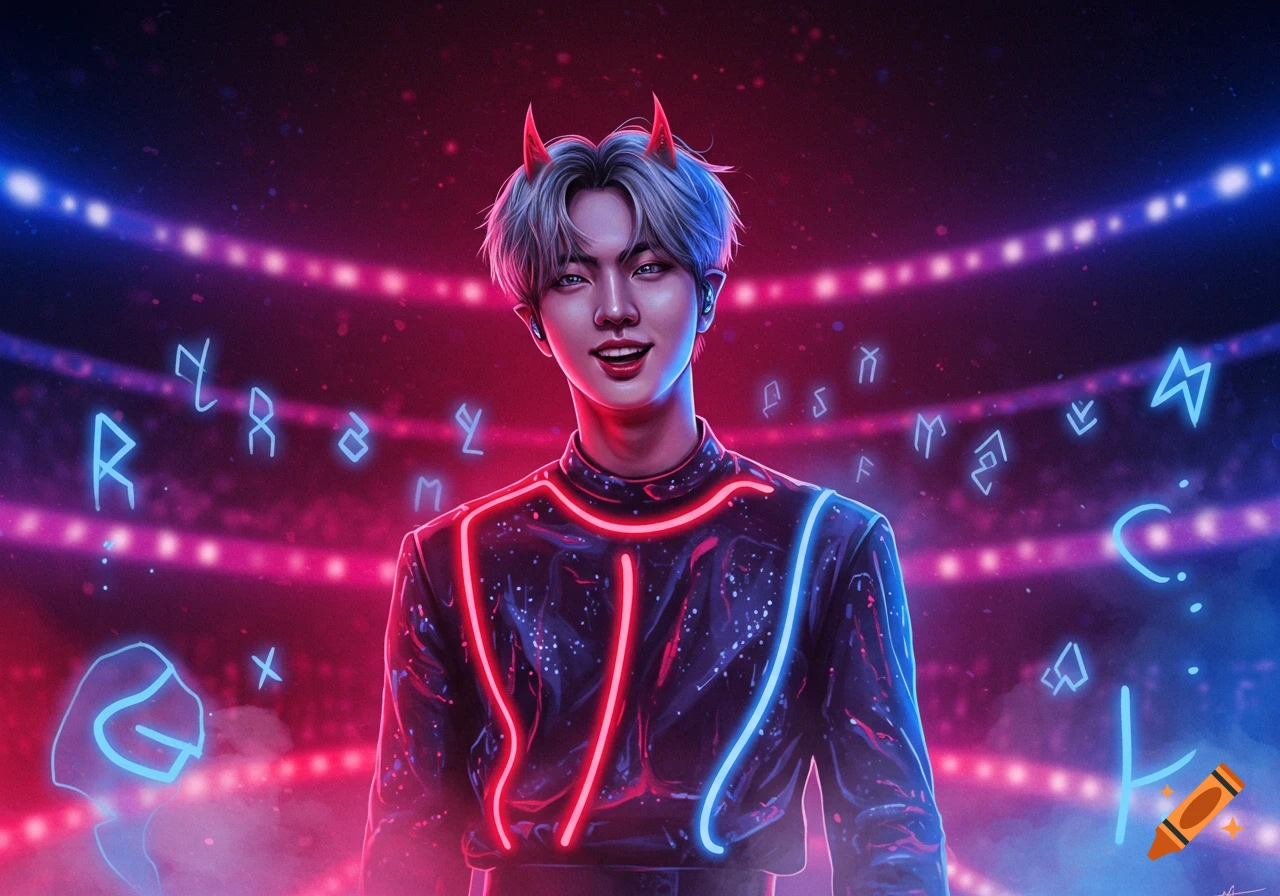 Digital painting of a K-pop-style man with red demon horns, neon-lined jacket, smiling on a stage with glowing rune-like symbols.