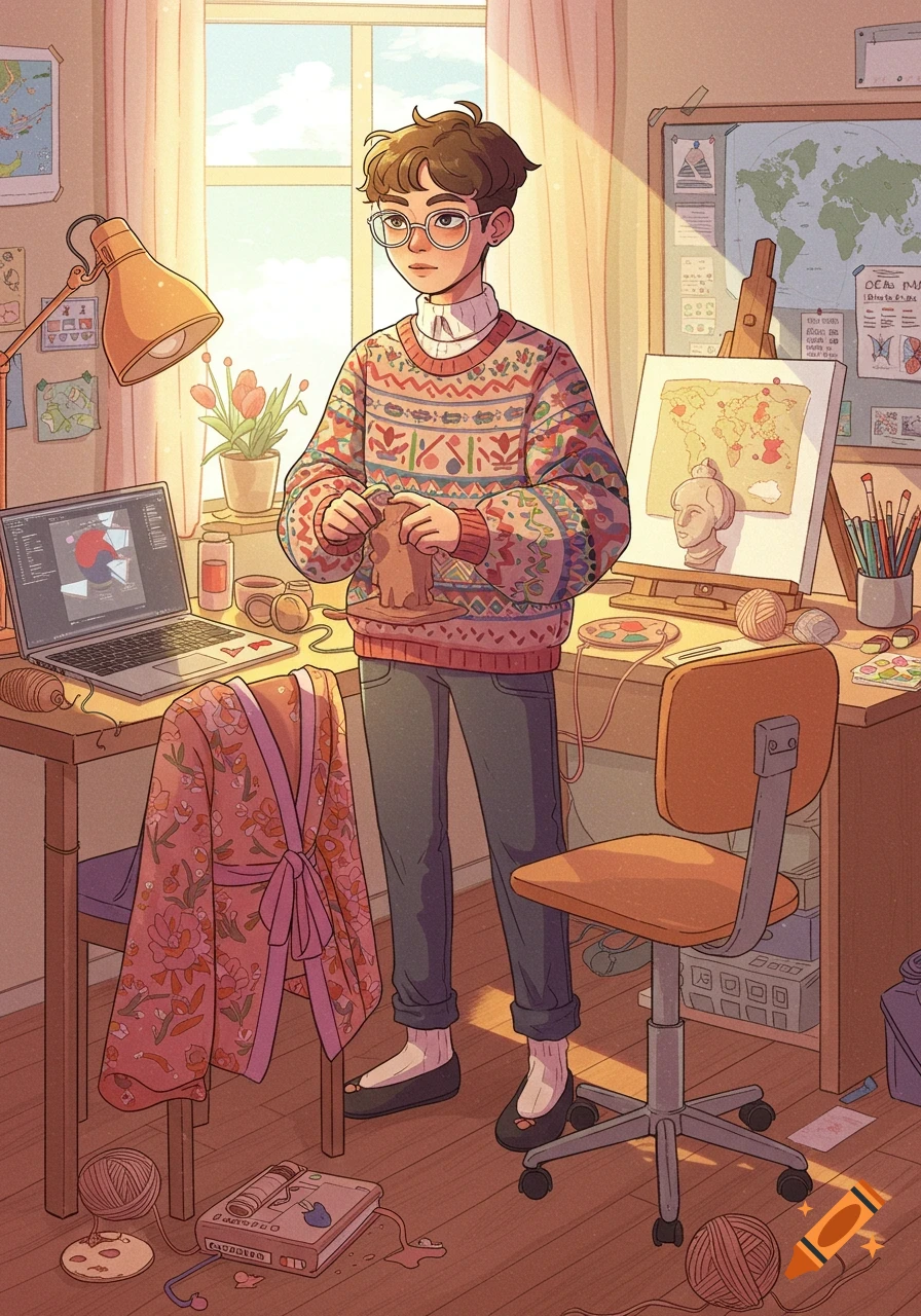 A person with glasses wearing a colorful sweater, sculpting clay in a cozy, sunlit art studio, digital illustration.