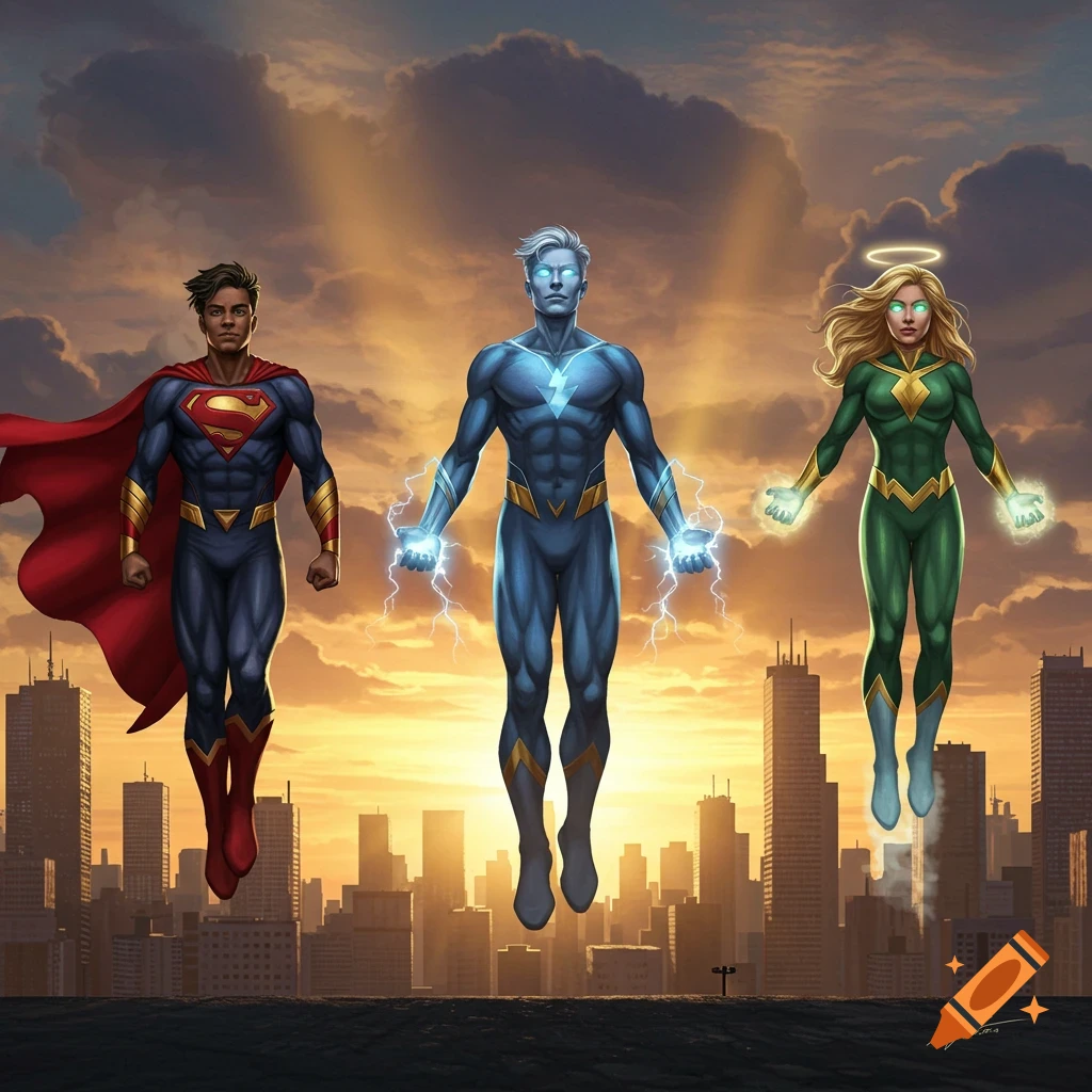 Three diverse superheroes (red cape, blue lightning, green halo) fly above a city skyline at sunset, comic art style.