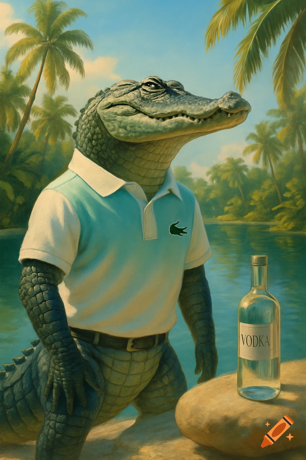 An anthropomorphic alligator wearing a light blue and white polo shirt with a Lacoste logo, standing by water under palm trees, next to a bottle of vodka.