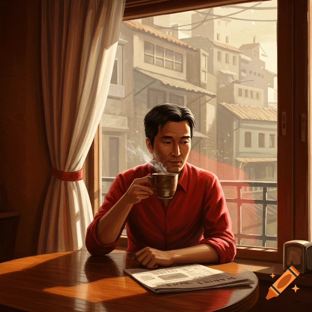 Illustrative portrait of an Asian man in a red shirt drinking coffee at a cafe table with a city view.