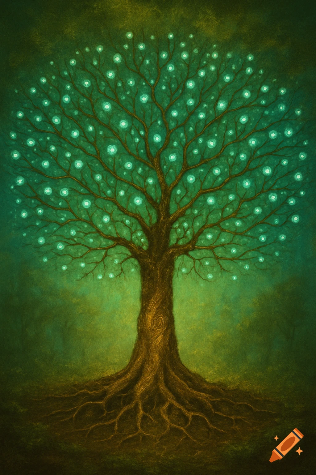 A stylized tree with prominent roots and branches, adorned with numerous glowing green orbs against a dark green background.