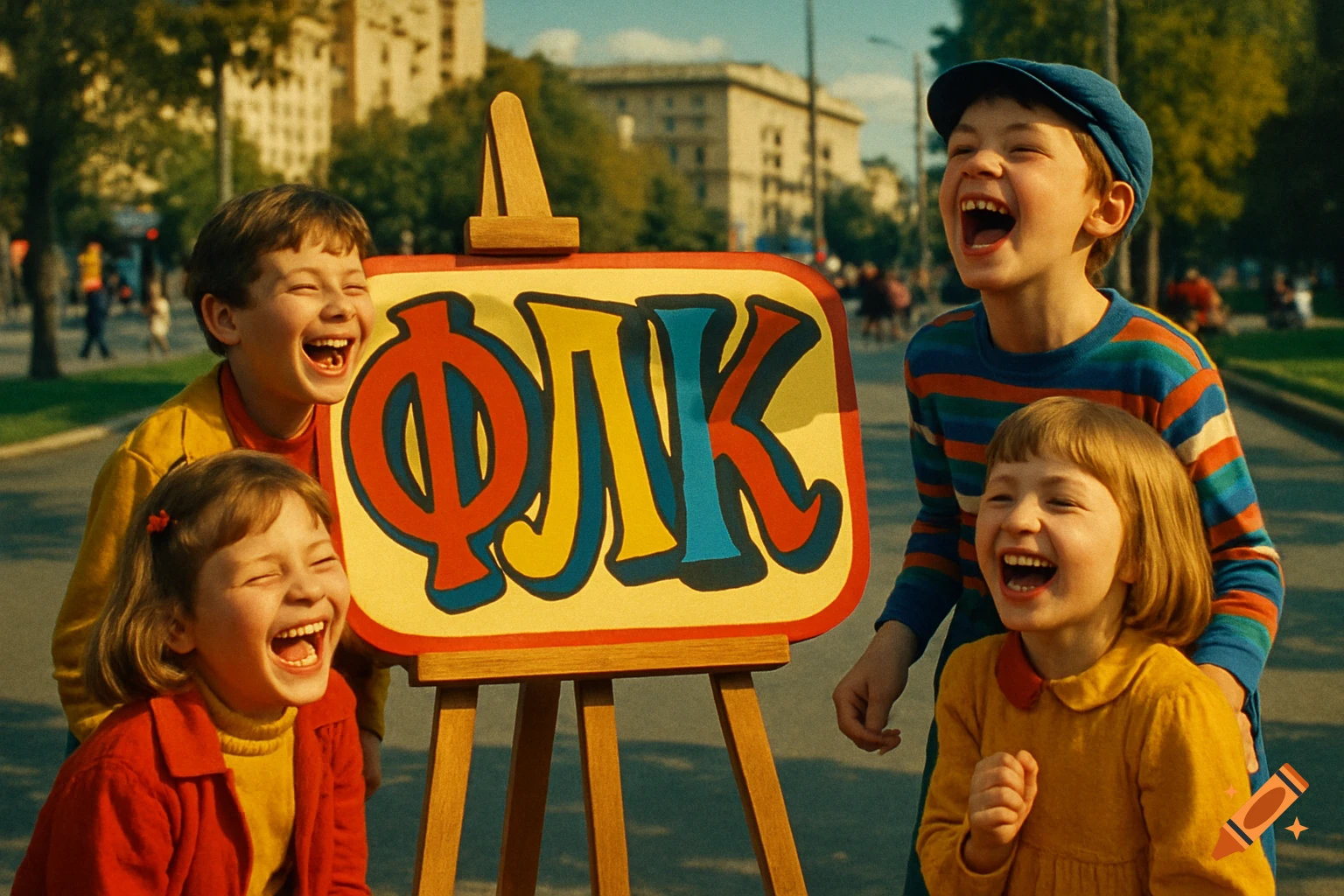 Four happy children laughing brightly around a colorful sign with Cyrillic text in a sunny outdoor setting.