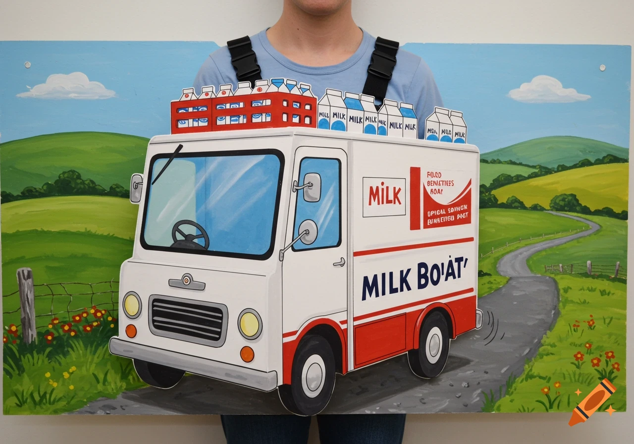 A person wears a painted cardboard cutout of a milk float with a scenic background, like a sandwich board with shoulder straps.