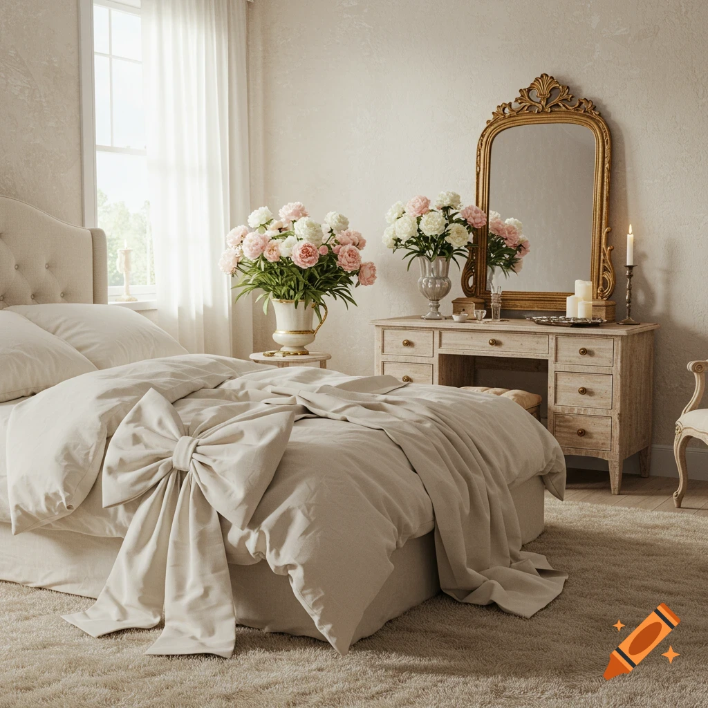 Photorealistic image of an elegant cream bow-themed bedroom with a large bow on the bed, a vintage vanity, and floral arrangements.
