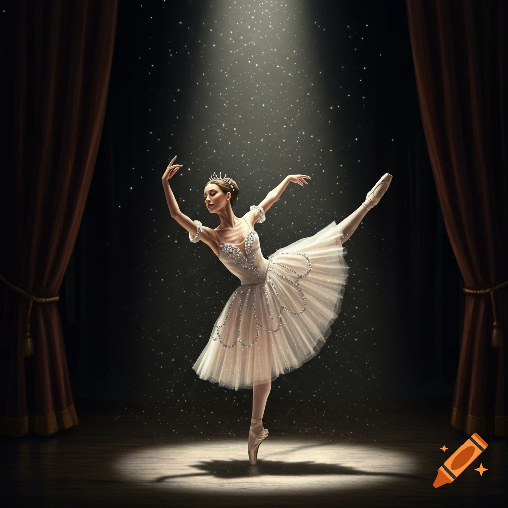A graceful ballerina in a white tutu and tiara dancing en pointe on a spotlighted stage with red curtains.