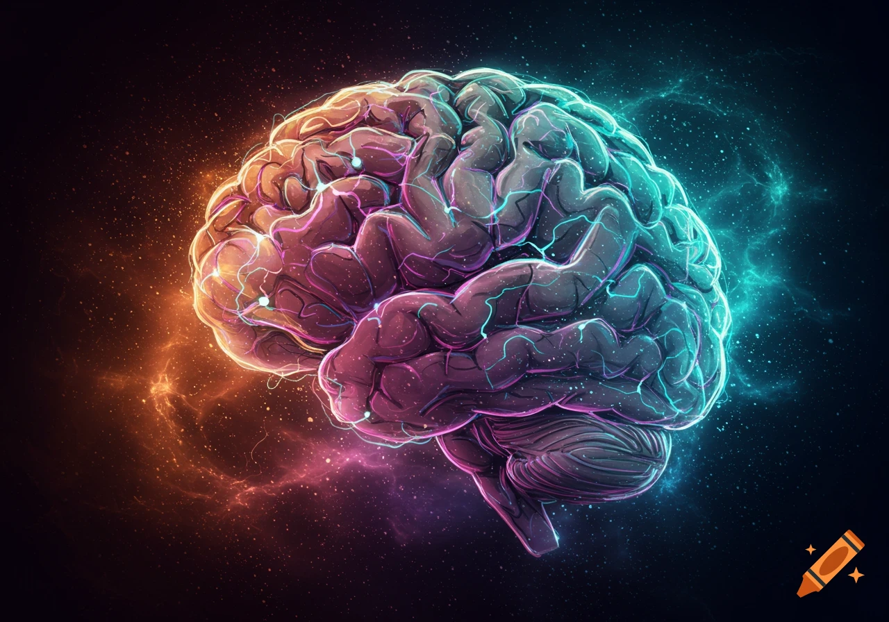 Stylized depiction of a human brain glowing with vibrant orange, pink, and teal energy against a dark, starry background.