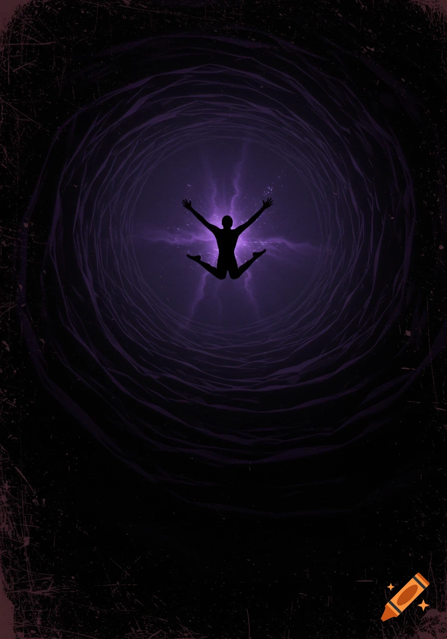 A silhouette of a person jumping with arms spread into a dark, deep purple, grunge-textured void.