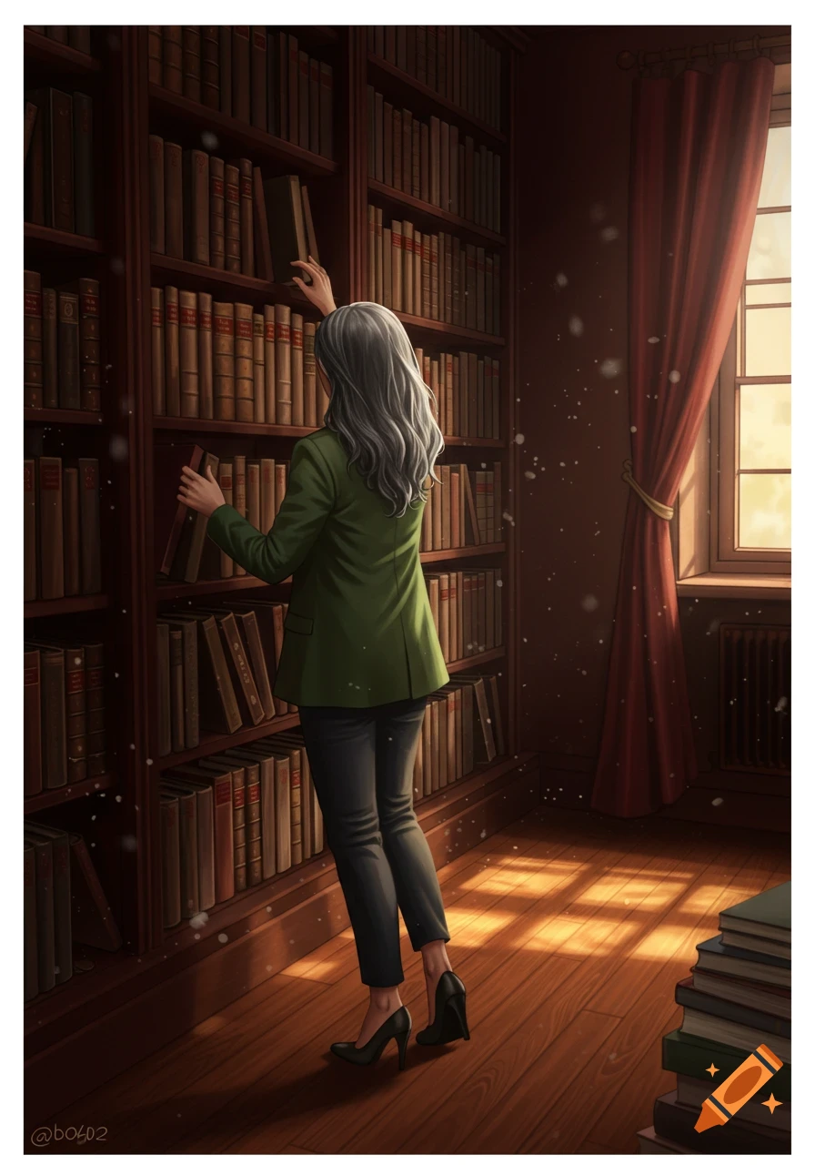 A woman with long gray hair in a green jacket and black pants reaches for a book on a tall wooden bookshelf in a sunlit library, digital art.