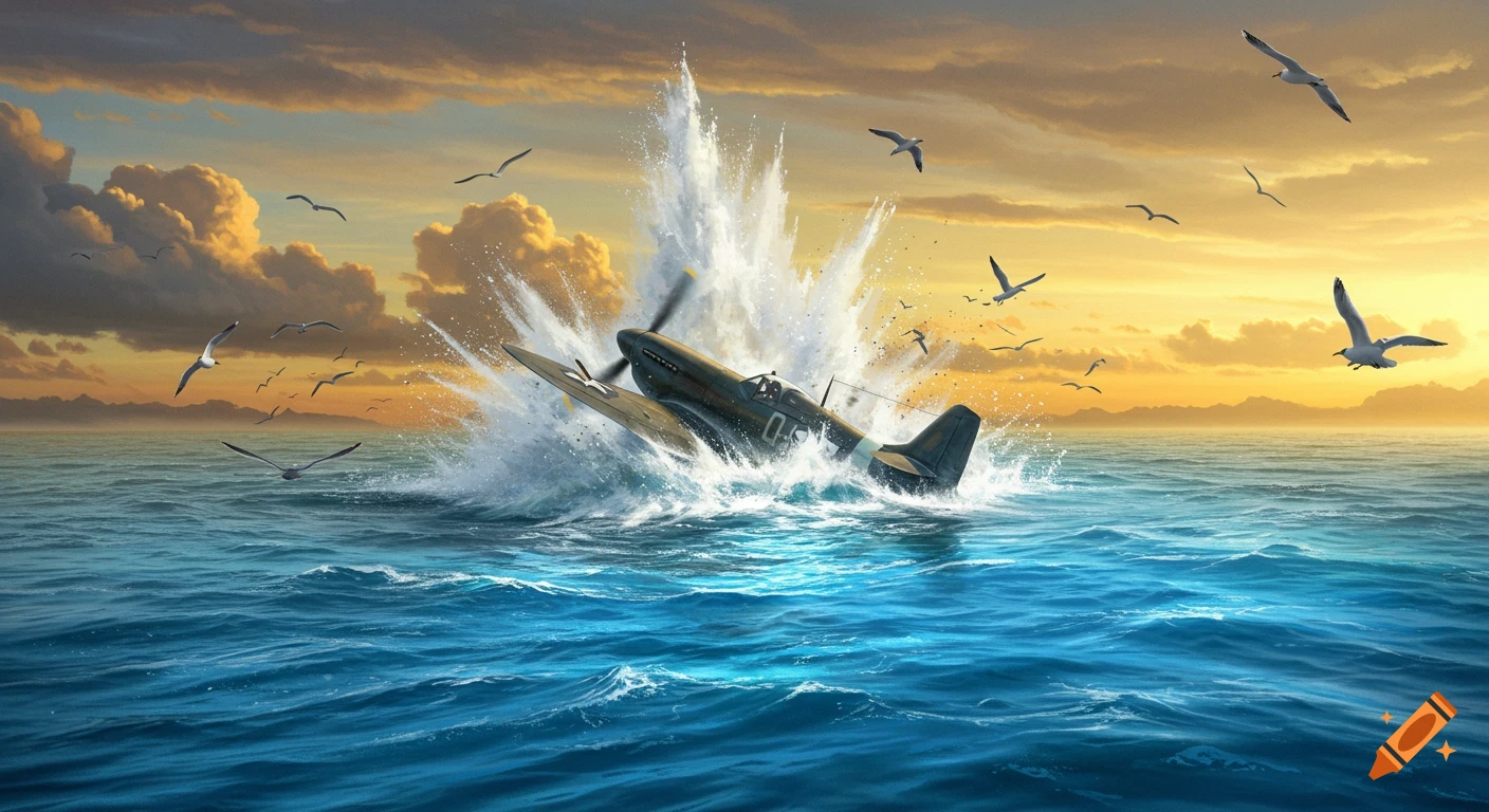 A dark green WW2 fighter plane crashes into a blue ocean at sunset, creating a large white water spray, with seagulls flying around.