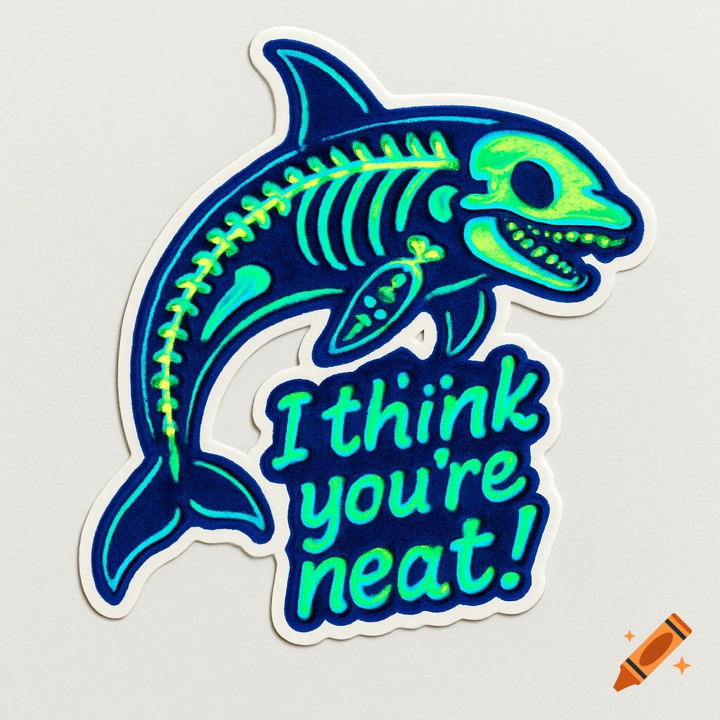 A neon blue, green, and yellow skeleton orca sticker on a white background, reading 'I think you're neat!'.
