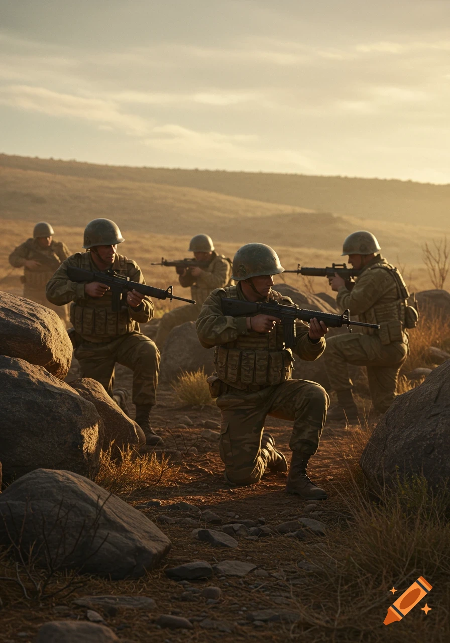 A group of soldiers in military fatigues crouch with rifles behind large rocks in a rocky, hilly terrain at sunset.