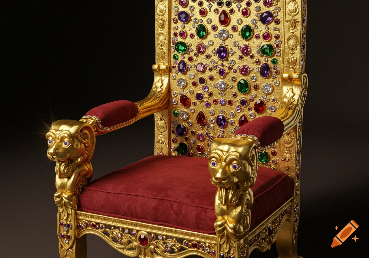 Photorealistic golden throne with red velvet cushions and colorful jewels, golden animal heads on armrests.