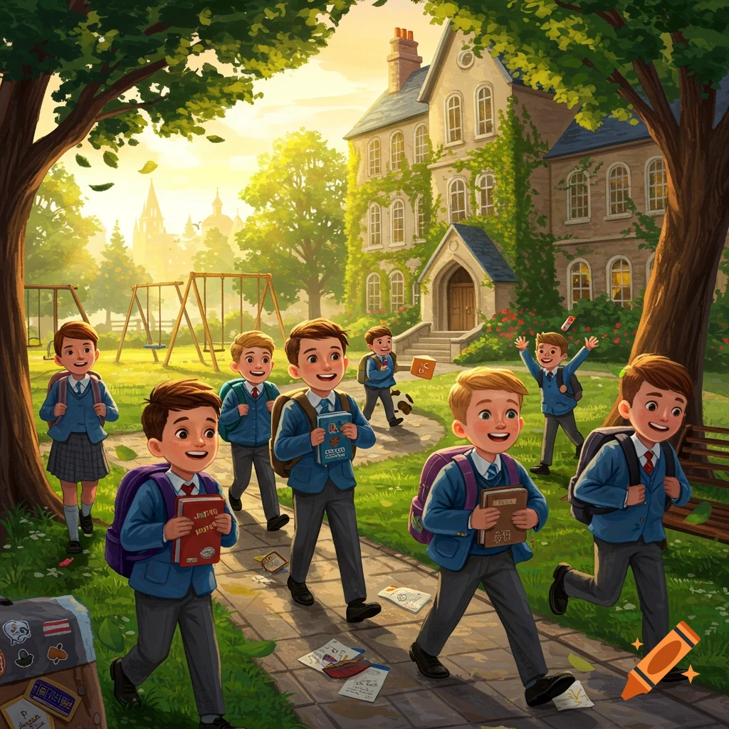 Colorful illustration of young students with backpacks and books walking on a path in front of a classic school building.