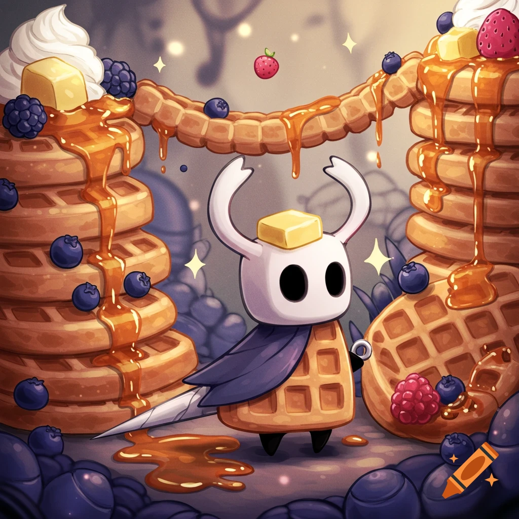 A cartoon Hollow Knight character as a waffle stands among giant waffle stacks topped with berries, syrup, whipped cream, and butter.