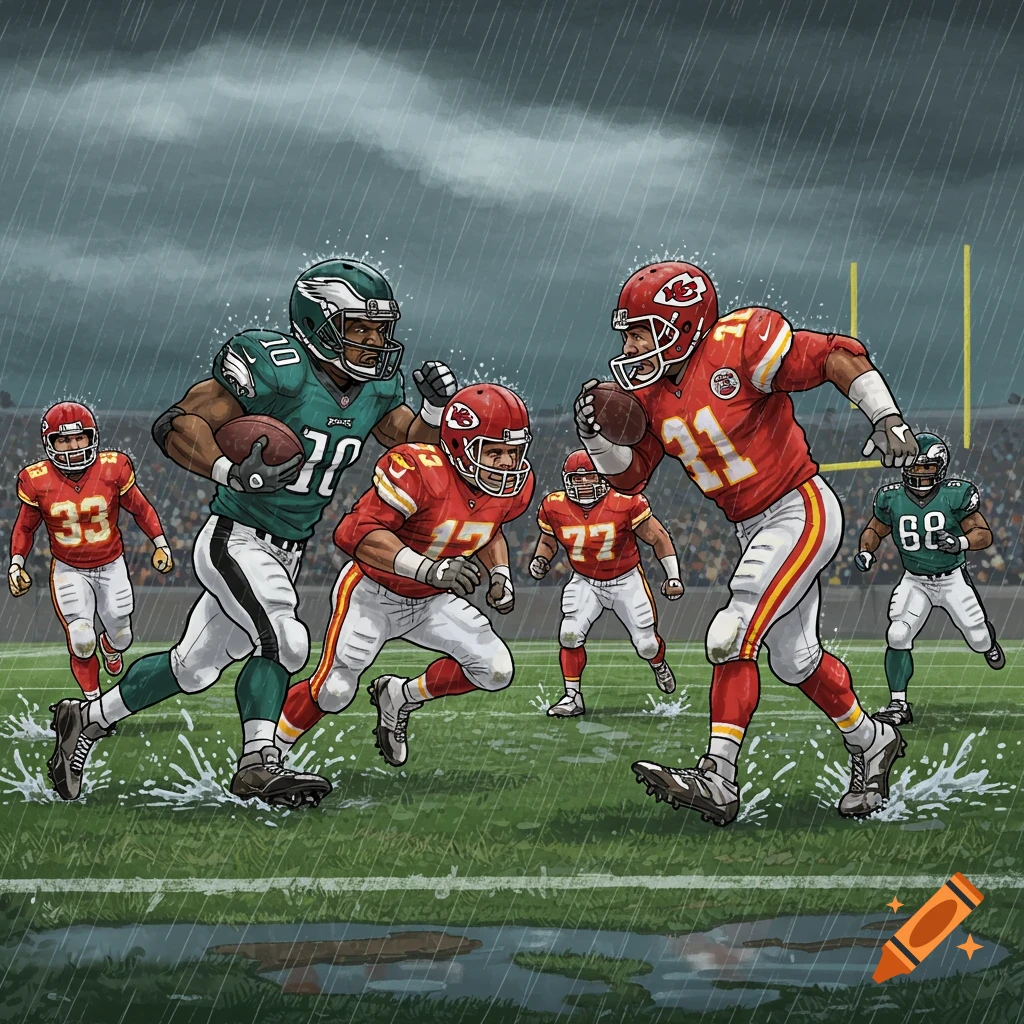 Cartoon football game between Eagles and Chiefs on a rainy, wet field.
