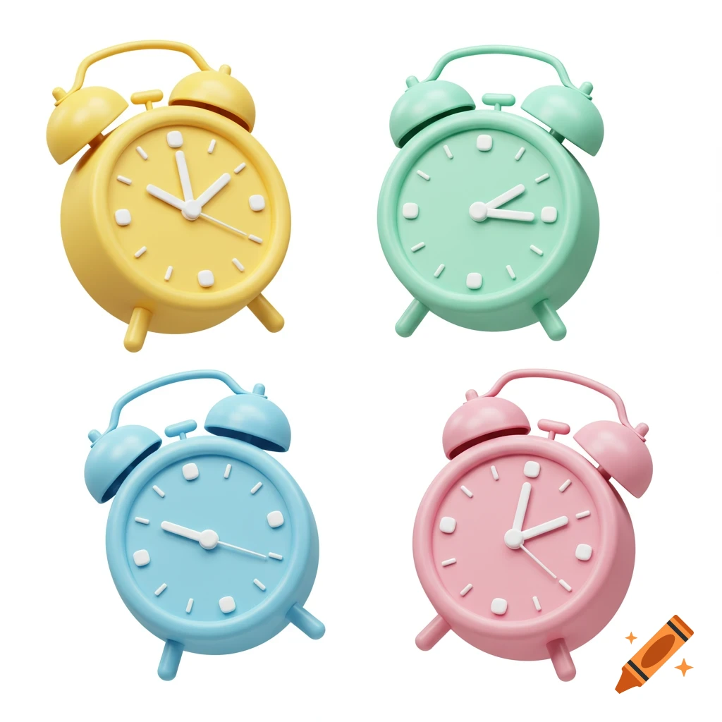 Four 3D rendered alarm clocks in yellow, mint green, light blue, and pink, isolated on a white background.