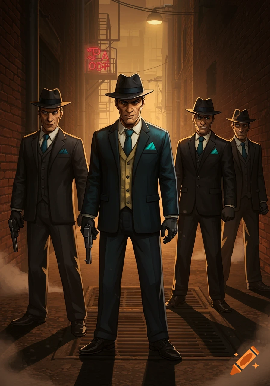 A stylized illustration shows four men in suits and hats, resembling gangsters, standing in a dark, smoky alley. Two men hold handguns.
