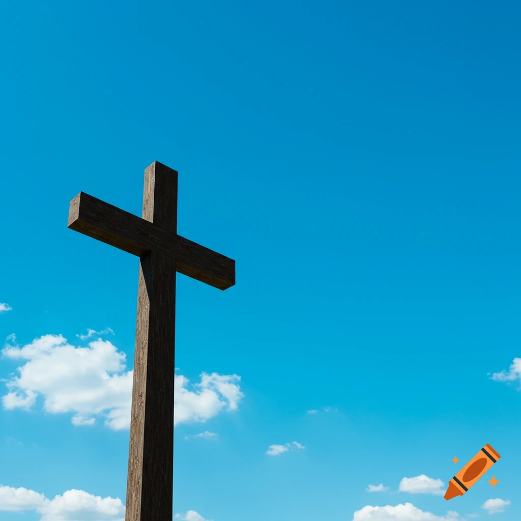 A dark wooden cross stands against a vibrant blue sky with scattered white clouds.
