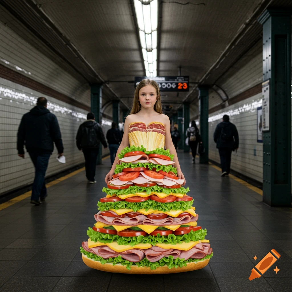 A young girl in a whimsical dress made of sandwich ingredients stands on a subway platform. People walk in the background.