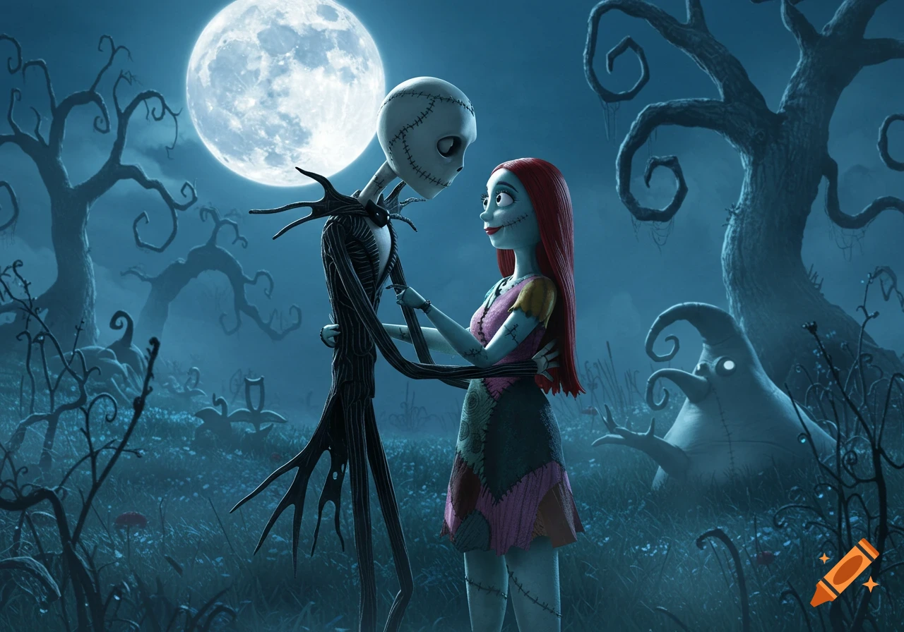 Jack Skellington and Sally embrace under a full moon in a spooky, moonlit forest from The Nightmare Before Christmas.