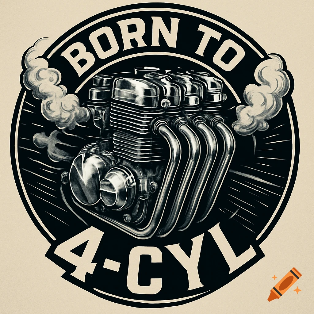 A bold, black and white illustration of a four-cylinder motorcycle engine in a circular emblem with the text 'Born to 4-Cyl'.