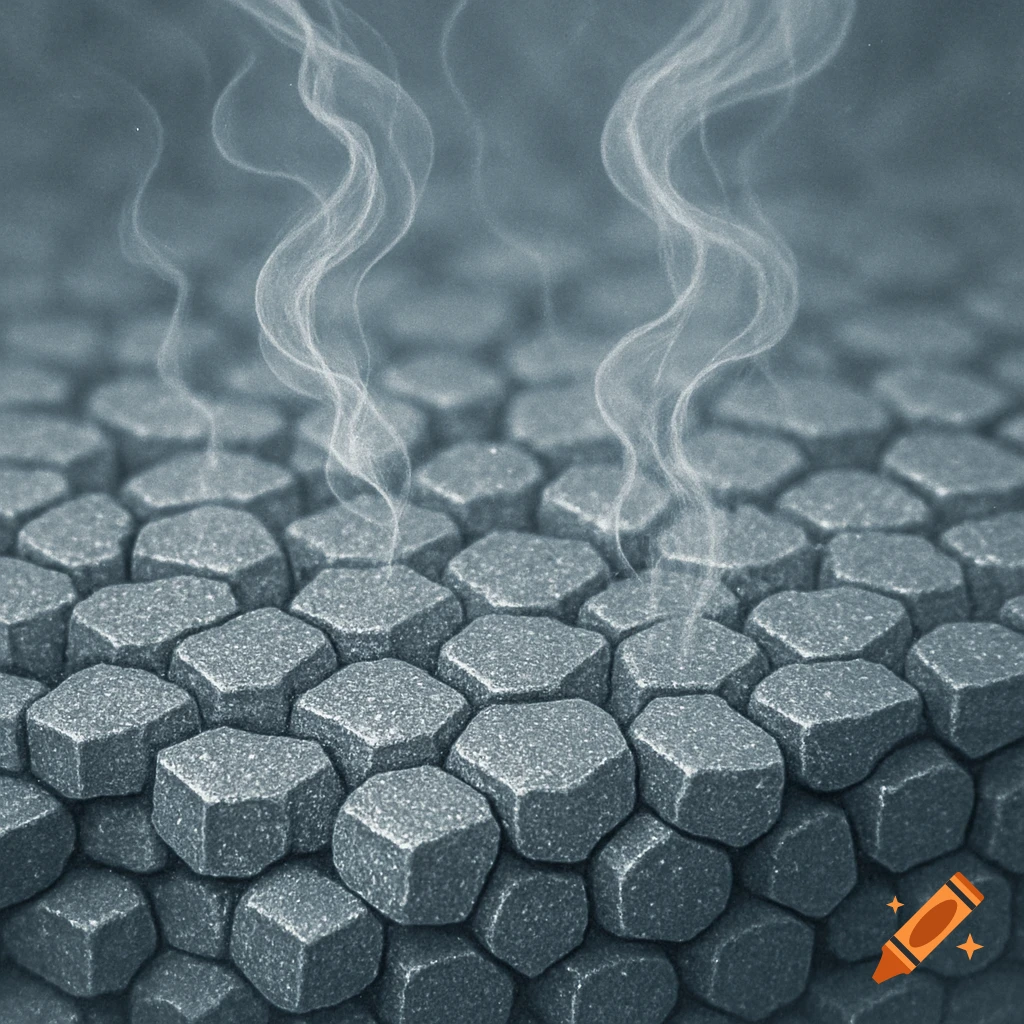 Close-up of textured dark grey hexagonal shapes, possibly metal particles, with smoke rising from them.